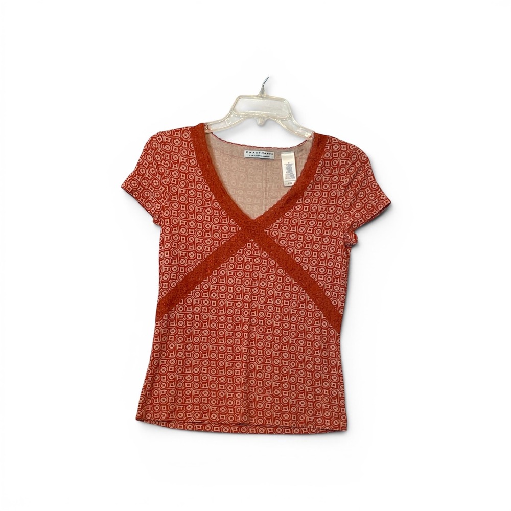 Y2K Crazy Horse Short Sleeve Top M Rust Orange Women's Lace Trim Medallion